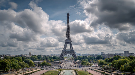 The Eiffel Tower dominates the frame, set against a sky filled with large, dramatic grey and white clouds. The Parisian cityscape stretches out behind the tower, with trees and green spaces in the foreground. A fountain and pathways are visible, with cars on a distant road.の写真素材