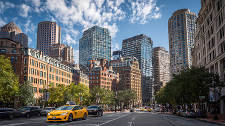 A vibrant cityscape of Boston featuring a prominent yellow taxi driving on a busy street. Numerous skyscrapers, a mix of glass and brick, dominate the skyline under a bright blue sky with scattered clouds. Trees and urban elements add depth to the scene.の写真素材