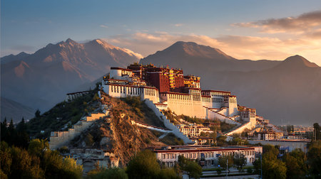 The magnificent Potala Palace in Lhasa, Tibet, is showcased with a dramatic mountain range as its backdrop during the golden hour of sunset. The warm light illuminates the palace's imposing structure and the rugged terrain. Clouds drift across the sky, adding to the atmospheric beauty of this historic and spiritual site.の写真素材