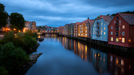 A row of colorful, historic buildings with illuminated windows stands along the edge of a calm river at dusk. The buildings display a variety of colors including red, orange, yellow, green, and blue. Their reflections shimmer on the dark, still water. Trees and foliage are visible on the left bank, and a bridge spans the river in the distance. The sky is a deep blue with some clouds, indicating twilight.の写真素材