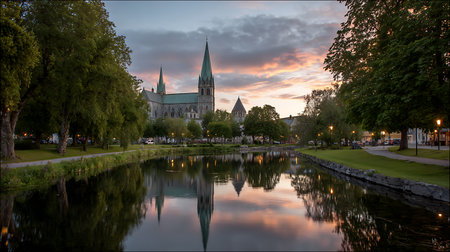 The Nidaros Cathedral in Trondheim, Norway, is seen across a calm river during twilight. The building's gothic spires and structure are reflected in the water, creating a symmetrical and serene image. The sky is a blend of soft colors with scattered clouds, and trees line the riverbanks, with streetlights casting a warm glow.の写真素材