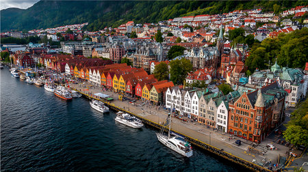 A sweeping panoramic view of Bergen, Norway, highlighting the historic Bryggen wharf with its distinctive colorful wooden buildings. The harbor is filled with boats, and the city sprawls up a verdant hillside towards distant mountains. The scene captures the essence of this historic European port city.の写真素材