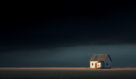 A stark and moody image of a small, white house standing alone in a vast, flat landscape. The dark, ominous sky and the muted tones of the land create a sense of isolation. A sliver of light illuminates the house, highlighting its solitary presence against the encroaching darkness.の写真素材