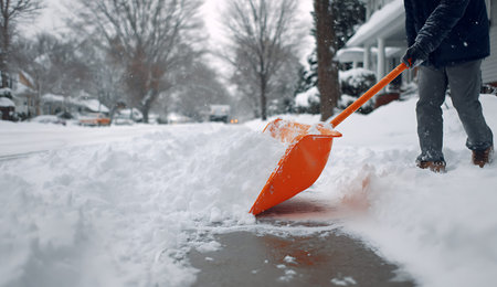 This image captures a person wearing gloves and boots, using an orange snow shovel to clear a thick...