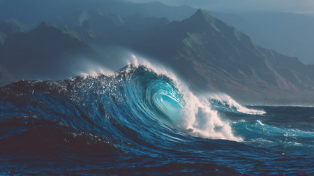 A powerful, translucent blue ocean wave is captured mid-break, with white foam and spray erupting....