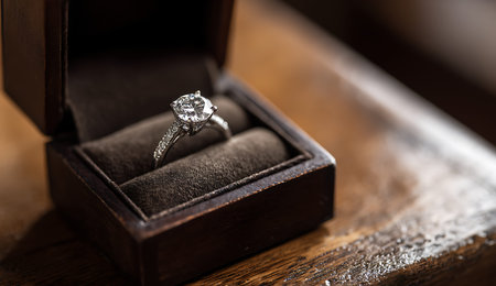 A close-up, shallow depth of field image featuring a solitaire diamond engagement ring with a...