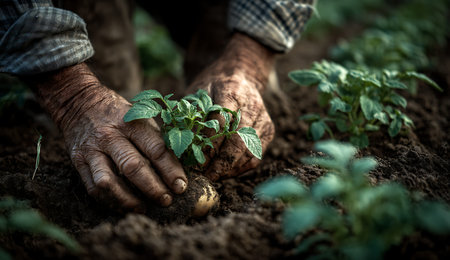 Close-up shot of weathered hands gently planting a small green seedling into dark, rich soil. The...