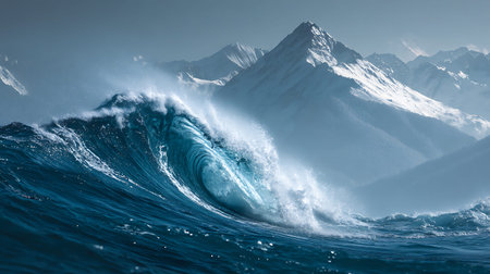 Surf wave in the sea with mountains in the background. 3d renderingの写真素材
