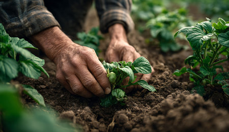 Close-up view of a farmer's weathered hands gently placing a small green seedling into the dark, loamy soil. The focus is on the texture of the soil and the delicate plant. Blurred rows of other plants create a sense of depth within the agricultural setting.の写真素材