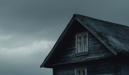 A close-up view of the dark, weathered wooden exterior of an old house. The focus is on the sloped, textured roof and two windows with wooden frames. The sky above is heavily overcast with dark, dramatic clouds, contributing to a gloomy and atmospheric mood. The wood grain and texture are prominent, suggesting age and exposure to the elements.の写真素材
