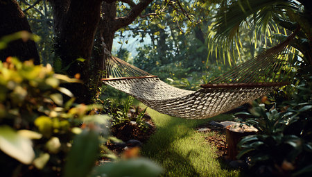 An empty woven hammock is set up in a dense, lush jungle environment. Sunlight streams through the thick green foliage, casting dappled light and shadows. The surrounding vegetation is rich and varied, with large leaves and ferns, creating a feeling of an exotic and secluded escape.の写真素材