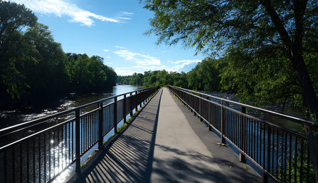 A long pedestrian bridge with metal railings extends across a wide river. The water reflects the...