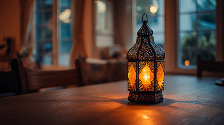 A detailed, dark metal Moroccan lantern with a complex, perforated design sits on a polished wooden...