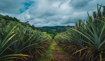 A wide shot captures rows of lush green pineapple plants stretching into the distance on a hillside. The plants are dense with long, spiky leaves. A dirt path runs between the rows, leading towards a verdant valley and rolling hills in the background. The sky above is filled with dramatic, heavy clouds, creating a moody atmosphere. The image showcases a vast agricultural landscape dedicated to pineapple cultivation.の写真素材