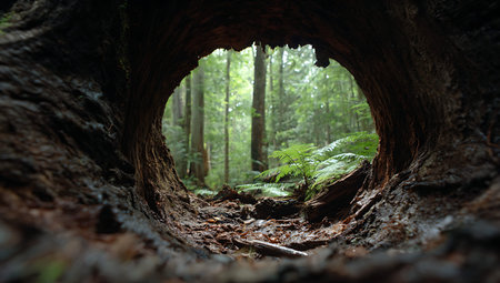 A view looking through a dark, hollow tree trunk or log into a lush green forest. The rough,...
