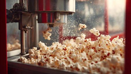 A dynamic close-up of a popcorn machine in action. Kernels are actively popping and flying through the air, creating a sense of movement and freshness. The machine's metallic parts are visible, and the popcorn is piled high, ready to be served.の写真素材