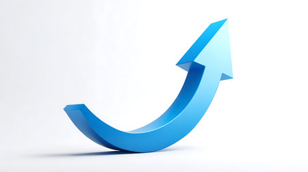 Photo showing blue 3d arrow curve upwards. High resolution image. Clear details and vibrant colors enhance visual appeal.の写真素材