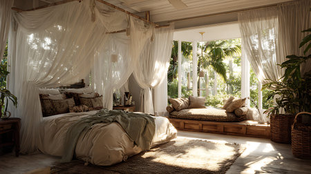 (43) showing luxurious bedroom with canopy bed and tropical view keywords: bedroom, canopy bed, interior, tropical, luxury, elegant, white curtains, sheer fabric, plants, greenery, palm trees, large windows, natural light, sunlight, woven rug, floor cushions, daybed, serene, peaceful, resort, vacation, tranquil, comfortable, spacious, airy, home decor, relaxation, oasis, indoor plants, natural textures, wood, bedside table, throw blanket description: a luxurious bedroom is bathed in soft...の写真素材