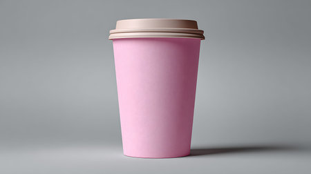A plain pink disposable coffee cup with a beige lid is shown in a studio shot against a neutral gray background. The cup has a tapered shape and the lid fits snugly on top. The lighting highlights the smooth texture of the cup and lid, creating a clean and simple product image.の写真素材