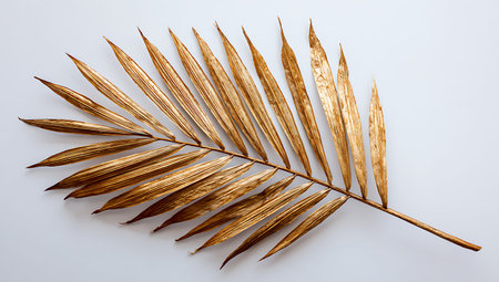 Frond showing golden palm frond on a white background keywords: palm frond, gold, golden, leaf, tropical, plant, nature, decoration, luxury, elegant, metallic, shiny, isolated, white background, botanical, detail, texture, dry, artistic, ornamental, design element, exotic, single, object, studio shot description: a single, dry palm frond coated in a metallic gold finish is presented against a clean white background. the frond is positioned diagonally, showcasing its intricate, feathery...の写真素材