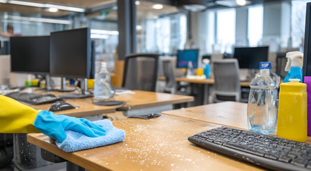 A person wearing blue cleaning gloves wipes down an office desk with a blue microfiber cloth....