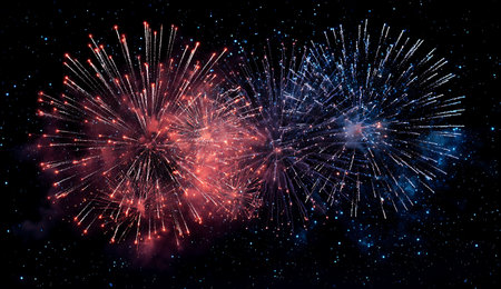 Red and blue fireworks explode against a backdrop of a dark, starry night sky. The fireworks create...