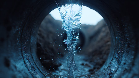 A powerful stream of clear water is shown flowing through the dark opening of a pipe. The water is...