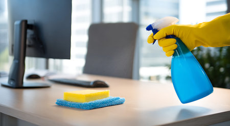 Cleaning showing hand in yellow glove spraying desk with cleaning product. High resolution image...