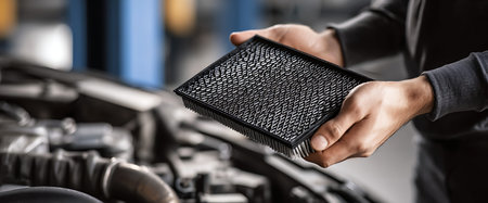 A close-up shot shows a person's hands holding a rectangular black car air filter. The filter has a...
