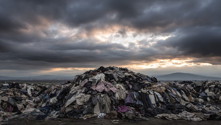 A massive heap of discarded clothing is silhouetted against a dramatic and stormy sky illuminated by the warm glow of a sunset. The pile is a dense mass of various garments, predominantly in darker and muted tones, creating a textured and imposing form. The dark, heavy clouds and the low light create a powerful and somewhat ominous atmosphere, emphasizing the environmental impact of textile waste.の写真素材
