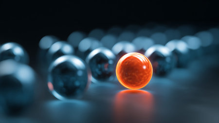 A single, brightly glowing red sphere is positioned in the foreground, distinct from a blurred row of dark blue spheres receding into the background. The red sphere emits a warm light, creating a reflection on the dark surface below. The composition emphasizes contrast and highlights the individual sphere against a backdrop of uniformity.の写真素材