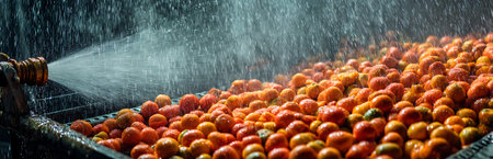 This image captures a detailed view of numerous oranges on a conveyor belt being thoroughly washed....