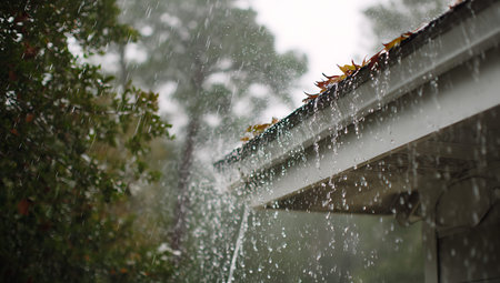 A close-up view of a white roof gutter during a heavy rain shower. Water is cascading from the...