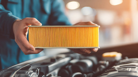 A person wearing a blue work shirt holds a new, bright yellow car air filter horizontally in their...