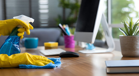 This image depicts a person's hands, covered in yellow cleaning gloves, actively wiping a wooden...