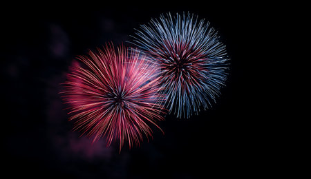 Two distinct fireworks displays are captured against a deep black background. The left firework is a...