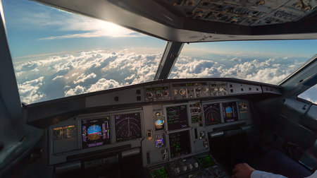 A wide-angle view from inside an airplane cockpit looking out at a bright sky filled with fluffy...