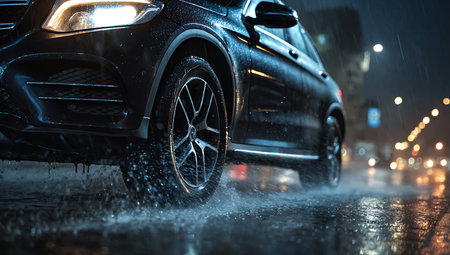 A close-up, low-angle shot of a black car's front wheel driving through a puddle on a wet city...