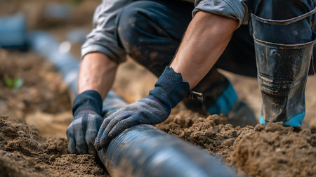 A close-up shot of a construction worker's hands, wearing dark gloves, carefully connecting a large black pipe. The pipe is partially buried in loose soil and dirt, indicating an underground installation or repair. The worker's focused grip on the pipe suggests precision and effort. The background shows more disturbed earth.の写真素材