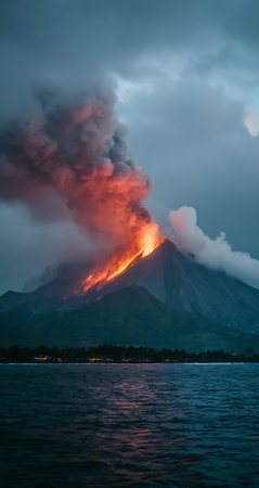 A powerful volcano erupts, with bright orange lava flowing down its slopes and a dense column of smoke and ash rising into the dark, cloudy sky. The scene is viewed from the ocean at dusk, with the dark water reflecting the fiery glow. Trees and hills are visible at the base of the volcano.の写真素材
