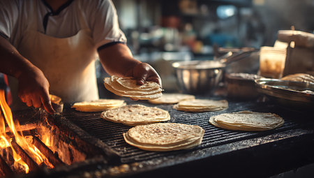 A close-up shot of a chef's hands preparing flatbreads on a hot grill. Flames are visible beneath the grate, casting a warm glow on the cooking food. Several round flatbreads are scattered across the grill, some appearing freshly cooked and others in the process of being made. The background is blurred, suggesting a busy kitchen environment.の写真素材
