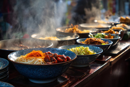Presents showing assortment of steaming asian noodle bowls at a market keywords: asian food, noodle soup, ramen, udon, soba, pho, wonton noodles, beef noodles, chicken noodles, pork noodles, vegetable noodles, spicy noodles, hot food, steam, delicious, gourmet, restaurant, cuisine, asian cuisine, comfort food, savory, hearty, meal, lunch, dinner, food photography, close-up, overhead view, top view, asian market, street food, outdoor market, food stall, vibrant colors, textured bowls...の写真素材