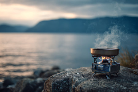 A compact portable camping stove is actively cooking, with a visible blue flame beneath a cooking pot. Steam rises from the pot, indicating food is being prepared. The stove is placed on a large rock on a rocky shoreline. The background shows a tranquil lake and distant, hazy mountains under a soft, twilight sky. The scene conveys a sense of quiet solitude and self-sufficiency in nature.の写真素材