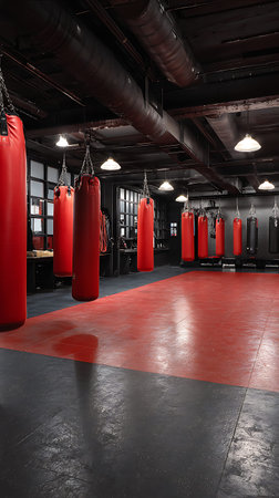 A boxing gym interior with a distinct red and black floor. Multiple red and black punching bags are...