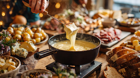 A close-up view of a bubbling cheese fondue pot, with a piece of bread being dipped into the molten cheese using a fondue fork. The pot is heated from below, and the cheese is stretching as it's lifted. Surrounding the fondue are various accompaniments, including crusty bread slices, small boiled potatoes, and cheese. The scene is set for a communal dining experience, with a warm, inviting ambiance.の写真素材