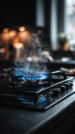 A close-up view of a gas stove burner with a vibrant blue flame igniting. Wisps of steam rise from the heat, creating a soft, ethereal effect. The burner is part of a dark, modern kitchen appliance, with a blurred background of kitchen elements and soft bokeh lights. The focus is on the intense heat and the cooking process.の写真素材