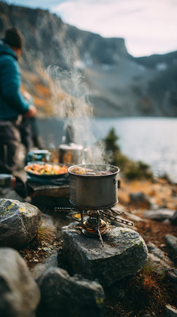 A portable camping stove is actively cooking a meal in a pot, producing visible steam. The stove rests on large rocks in a natural outdoor environment. A person is blurred in the background, near a lake and mountainous terrain. The scene suggests a backcountry meal preparation during cooler weather, with hints of autumn foliage.の写真素材