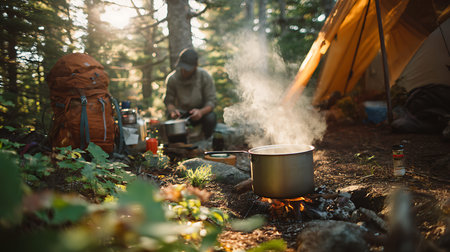 A scenic view of a campsite in a forest where a pot of food is cooking over a campfire. Thick steam billows from the pot, illuminated by the warm sunlight filtering through the trees. A person is visible in the background, tending to the cooking. A large backpack and a tent are also present, emphasizing the outdoor adventure theme.の写真素材