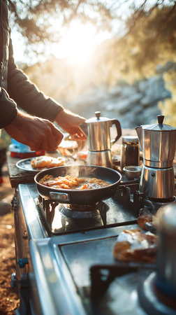 A warm, sun-drenched scene of a camping breakfast. A person's hands are visible tending to food cooking in a frying pan on a portable stove. Two Moka pots are positioned nearby, with steam rising from the cooking food. The background is a soft blur of trees and sunlight, creating a cozy and inviting atmosphere for an outdoor meal.の写真素材