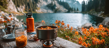 A close-up view of a camping meal being prepared on a portable stove. A pot of food sits on the stove, surrounded by mason jars and an orange water bottle on a weathered wooden table. The scene is set against a backdrop of a beautiful mountain lake and vibrant orange wildflowers, evoking a sense of adventure and outdoor enjoyment.の写真素材